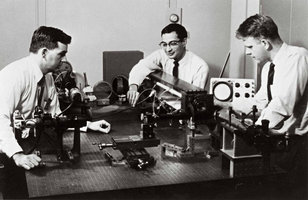 Donald Herriot, Ali Javan, and William Bennett with one of the first lasers, circa 1961 at Bell Labs. Courtesy of Alcatel-Lucent USA Inc. and the AT&T Archives and History Center via the New York Times.