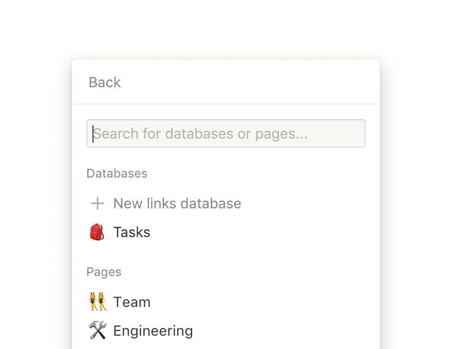 A screenshot of a popup menu showing a search field in a Notion Database