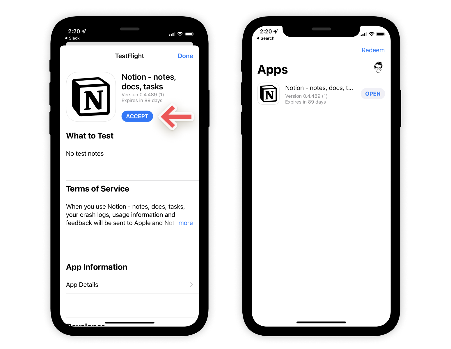 Screenshots of the process of using TestFlight to sign up for Notion's iOS beta.