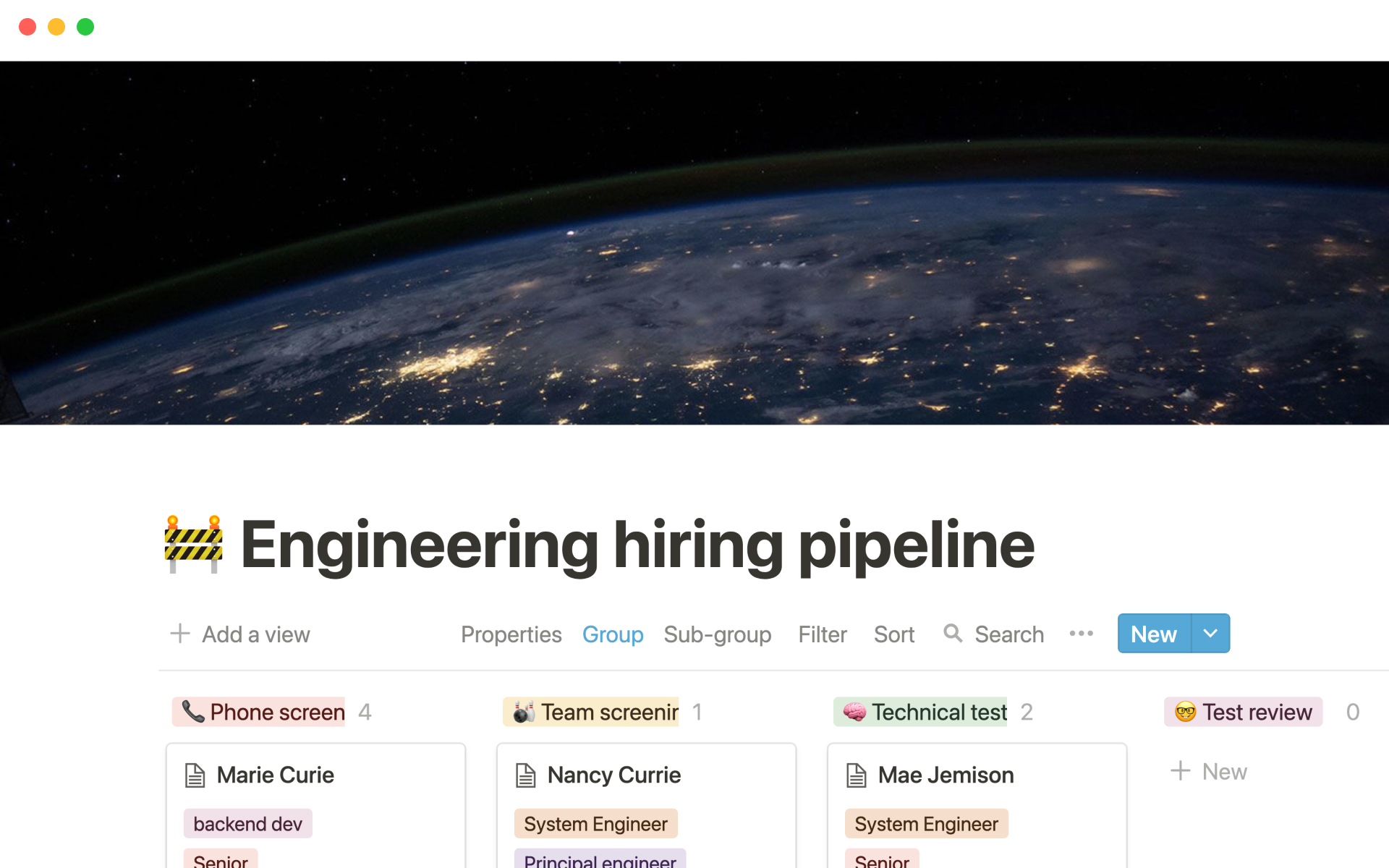The desktop image for the Engineering hiring pipeline template