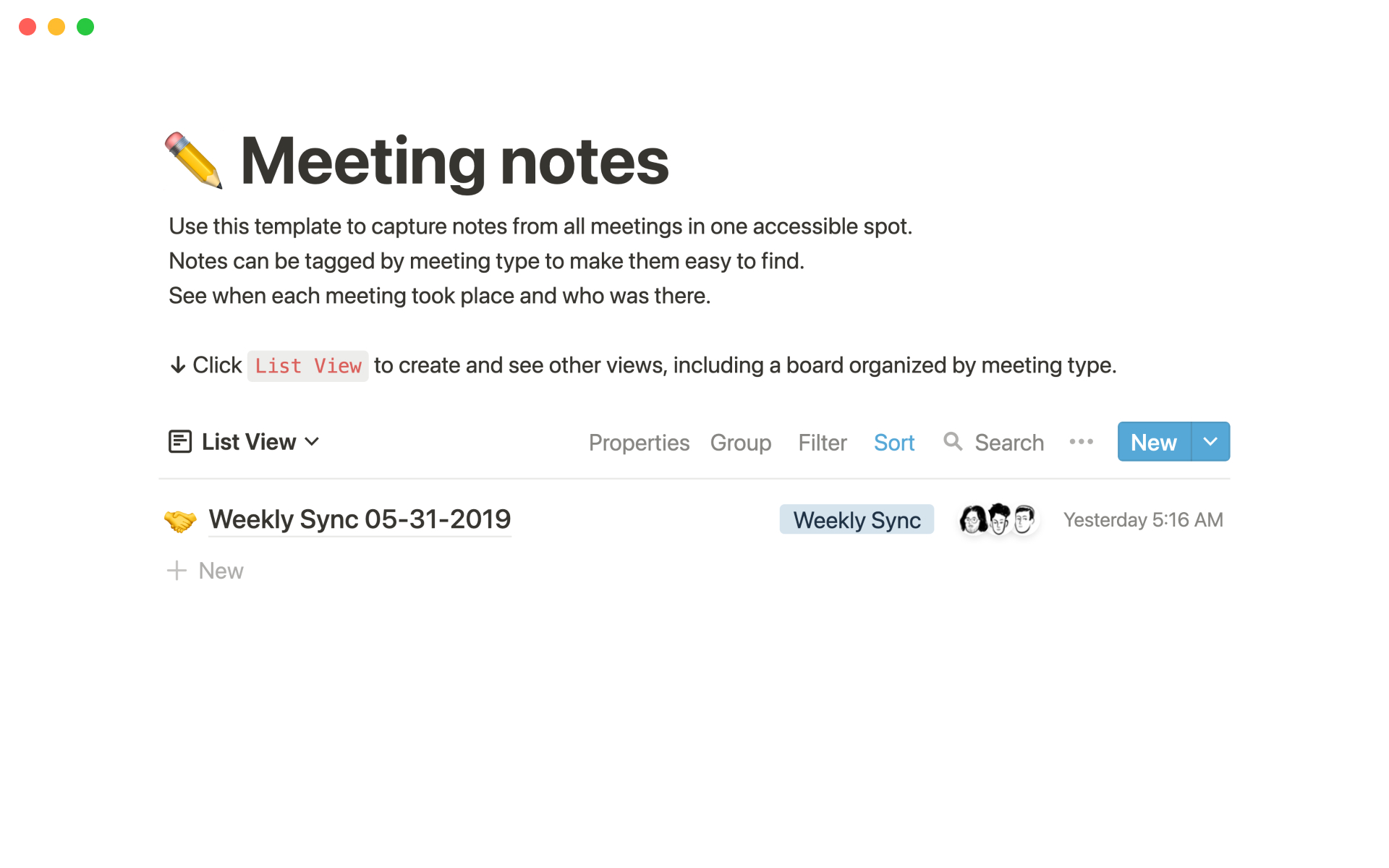 The desktop image for the Meeting notes template
