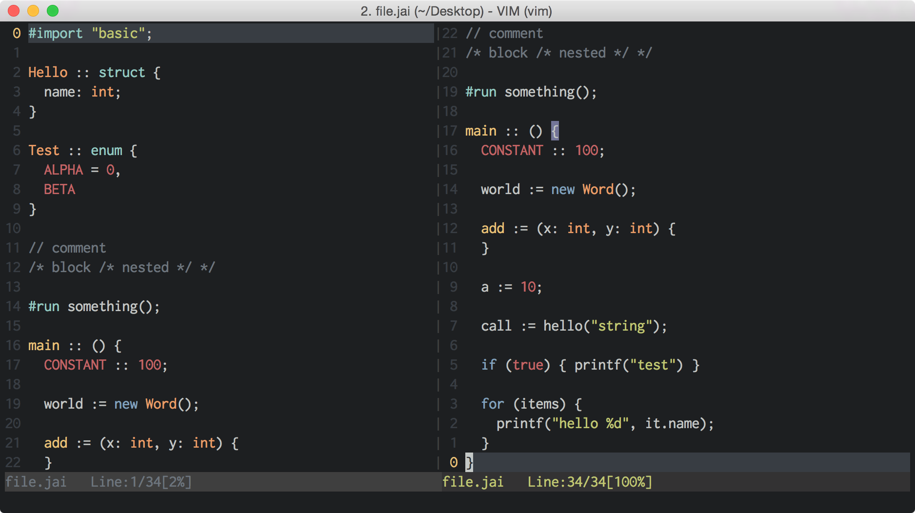 Syntax highlighting for Jai, Jonathan Blow's programming language. Image from GitHub. 