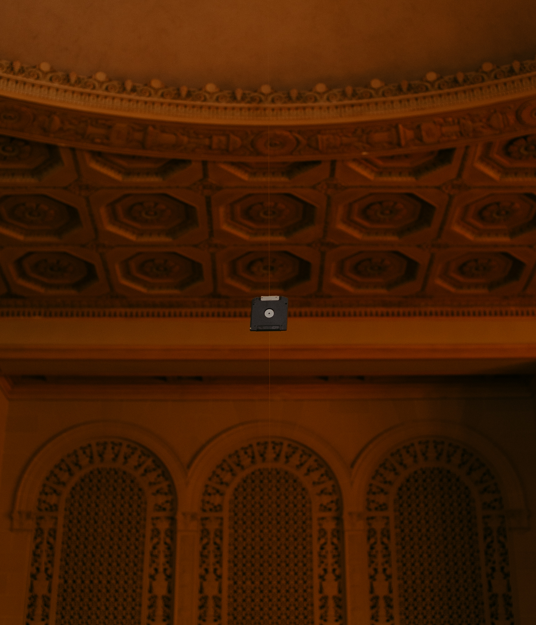 A zip drive on a zip line in the Great Room of the Internet Archive.