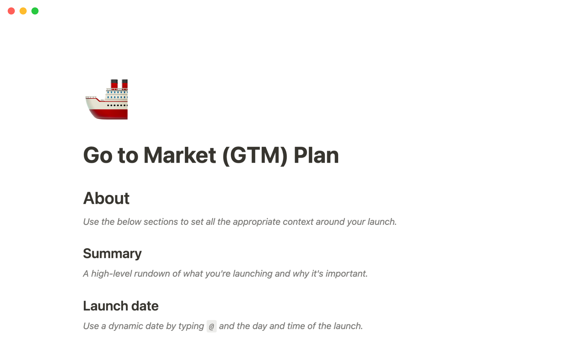 The desktop image for the Go to market (GTM) plan template