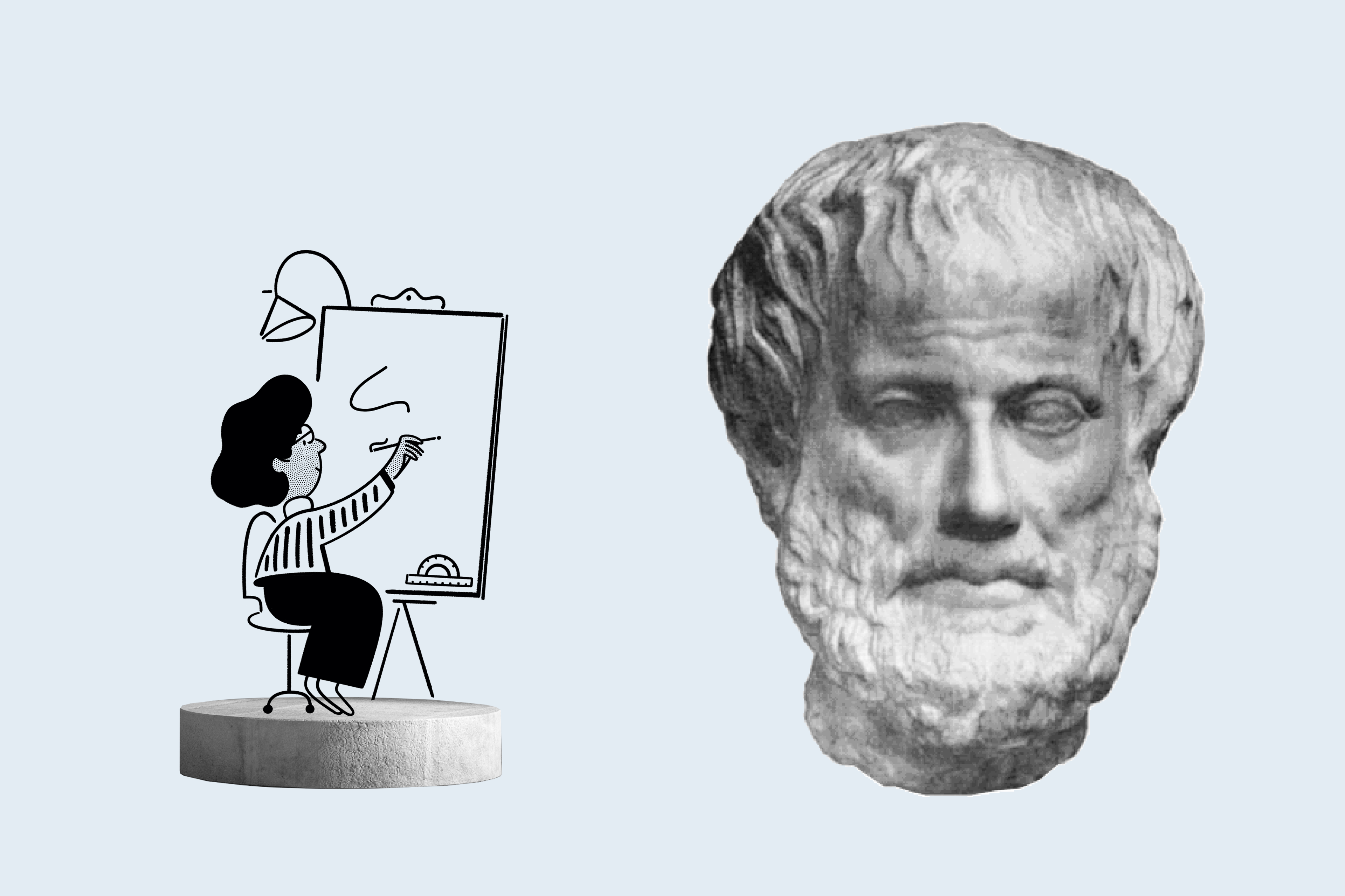 An illustration of someone drawing a greek bust.