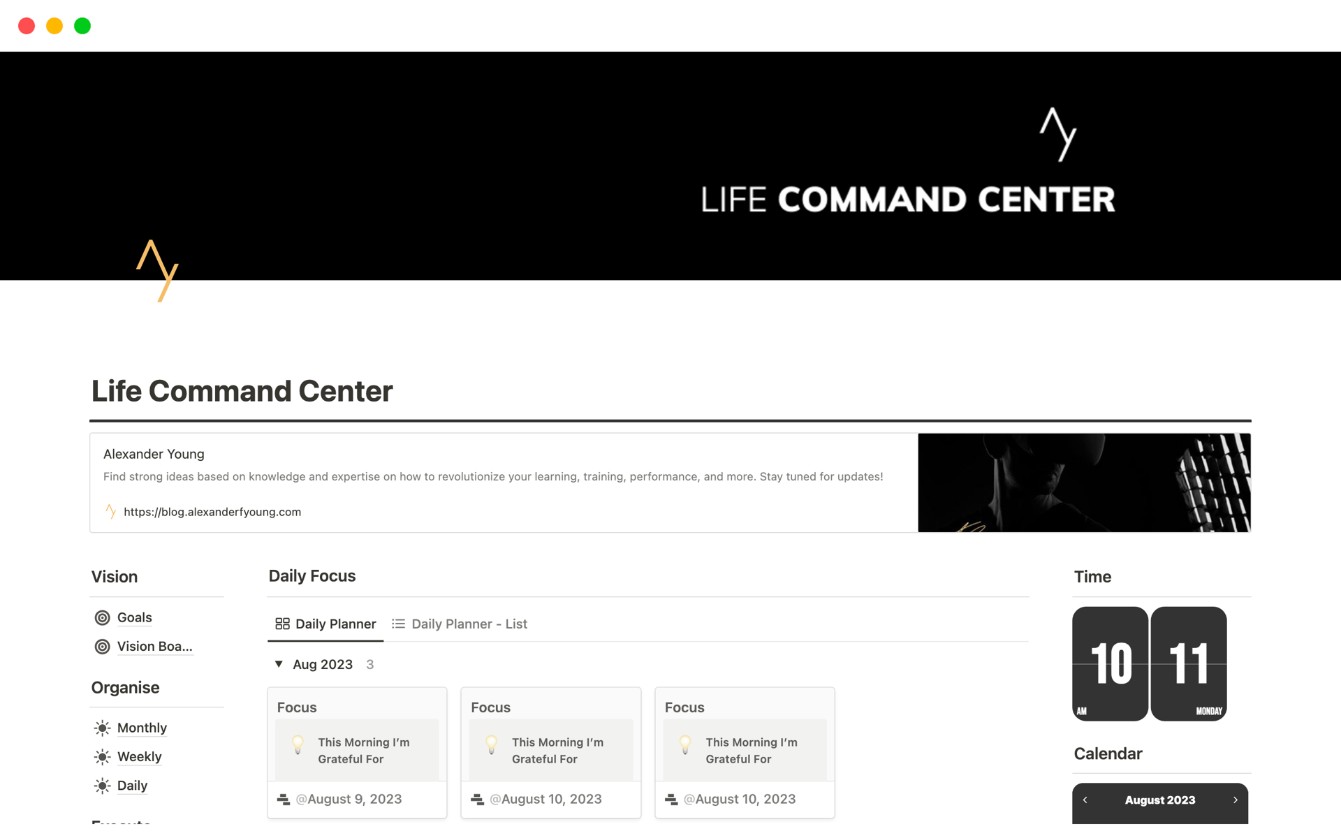 A template preview for Life Command Center