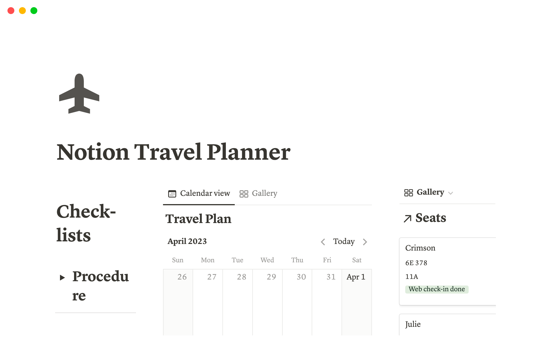 Notion travel planner template