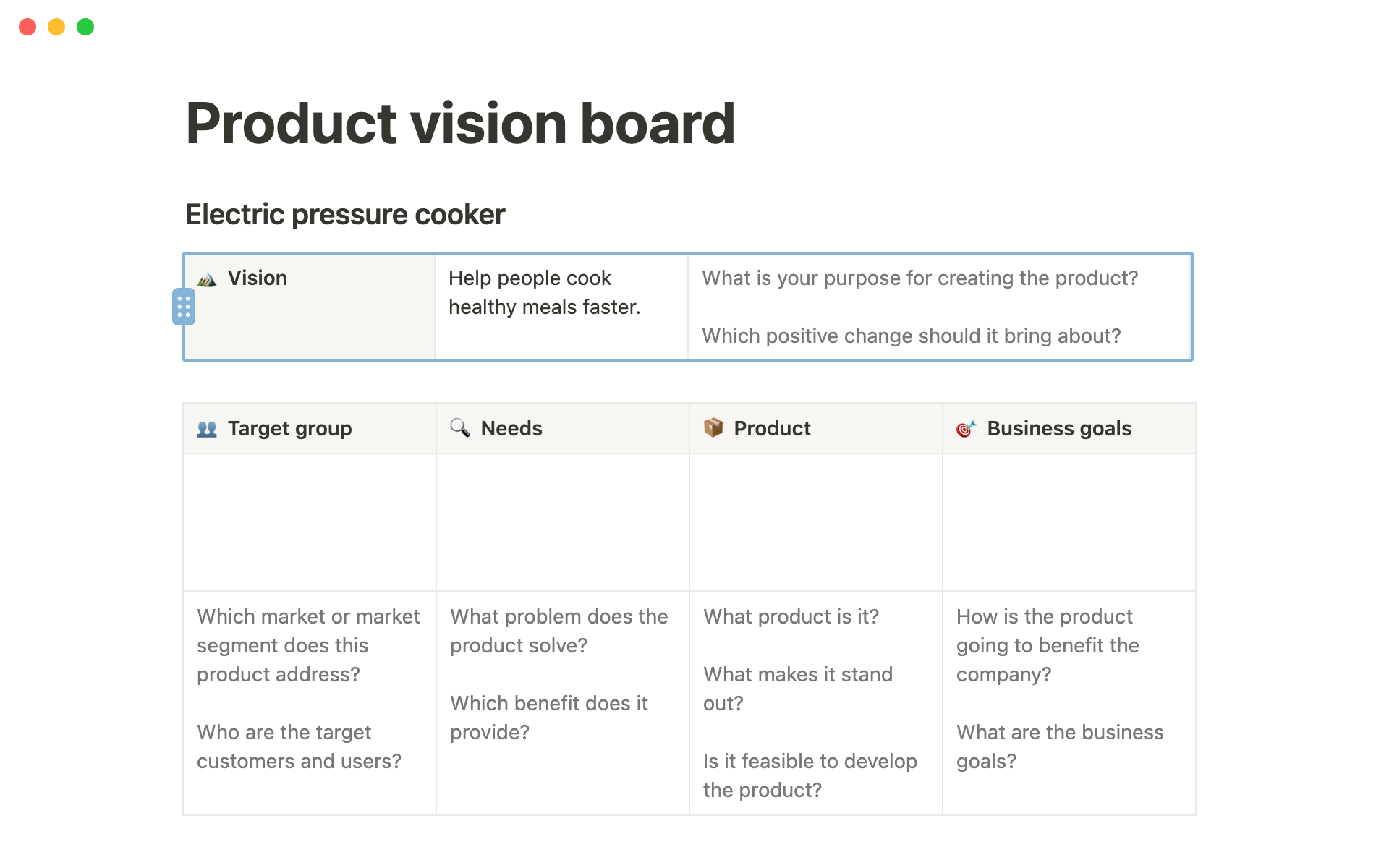 Add your product vision to the board.