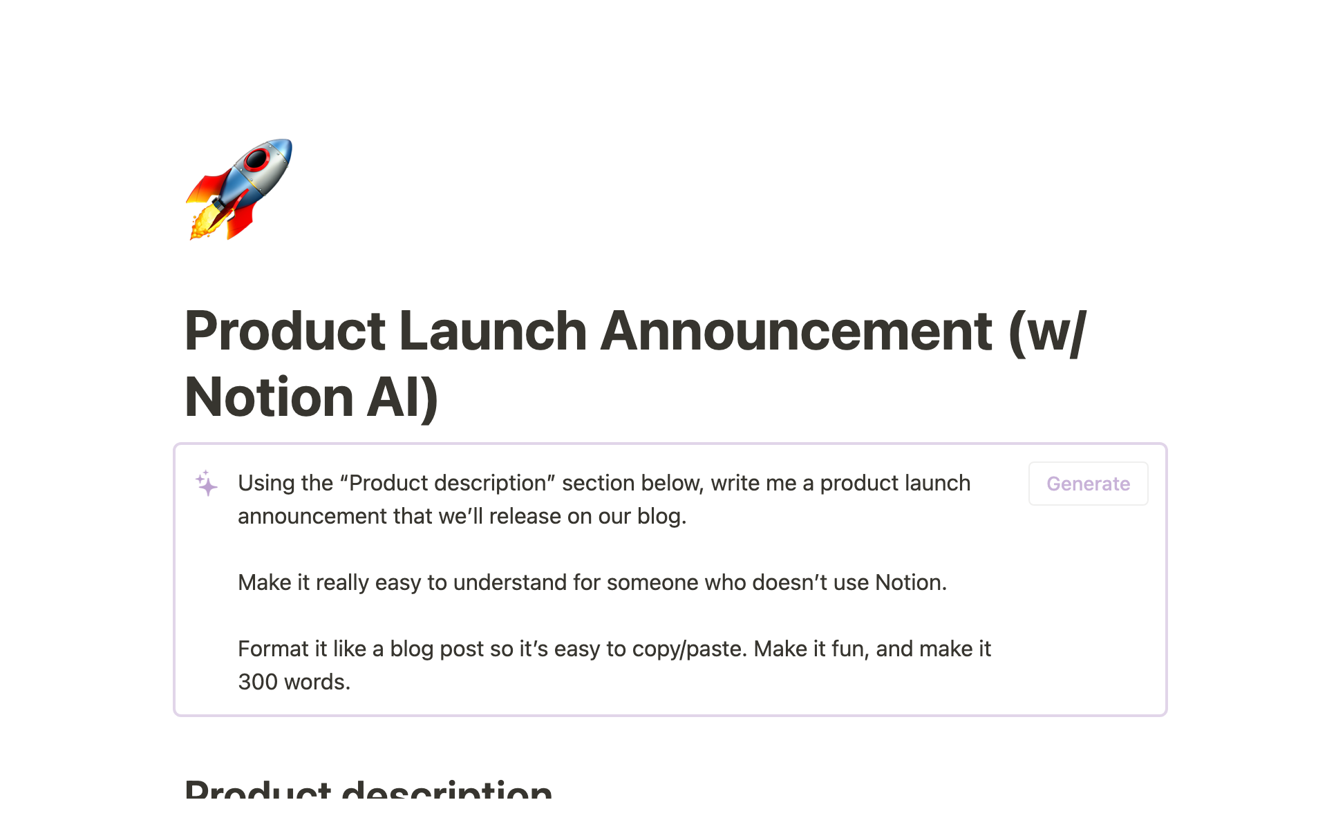 A screenshot of a Product Launch Announcement use case using Notion AI.