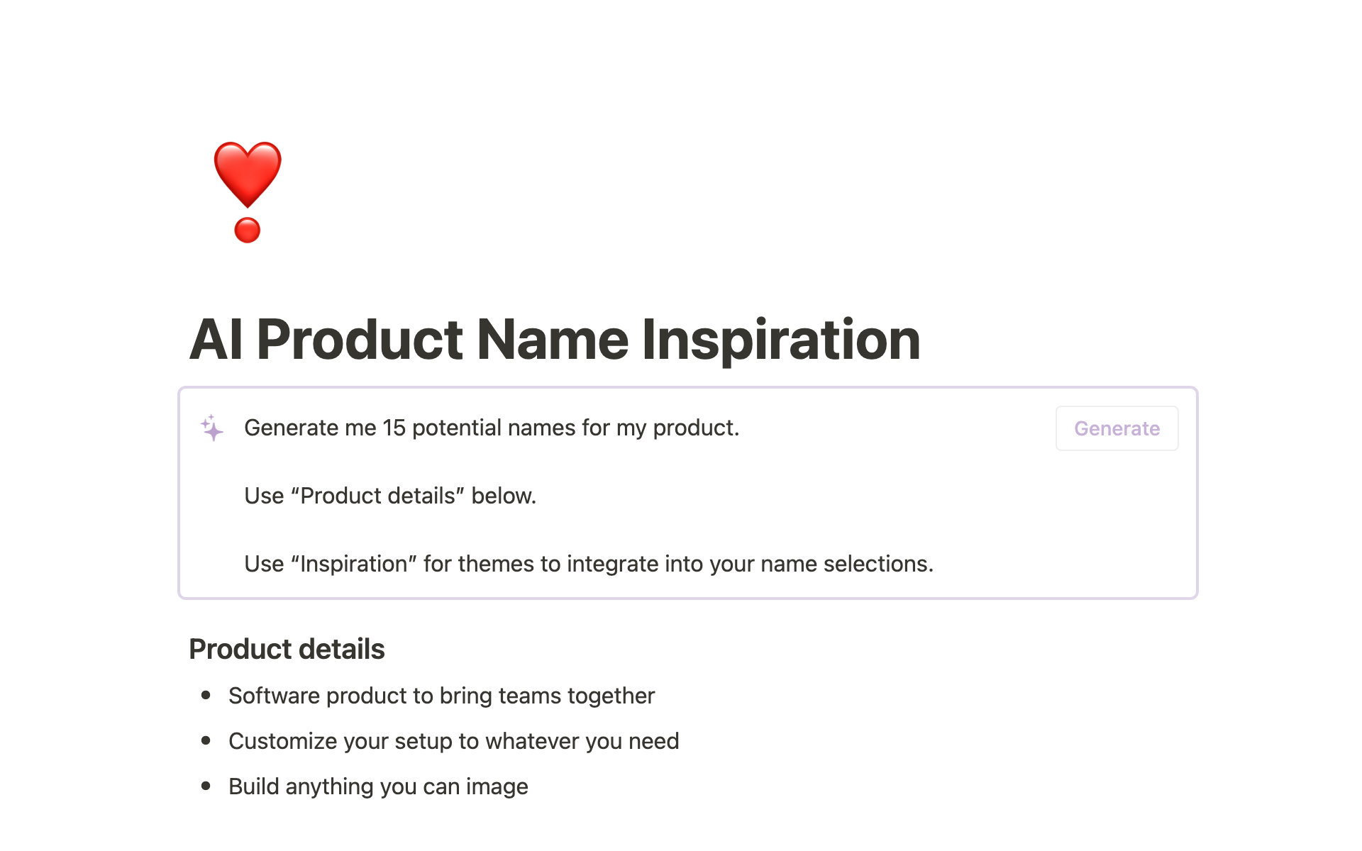 A screenshot of a product name inspiration promt using Notion AI.