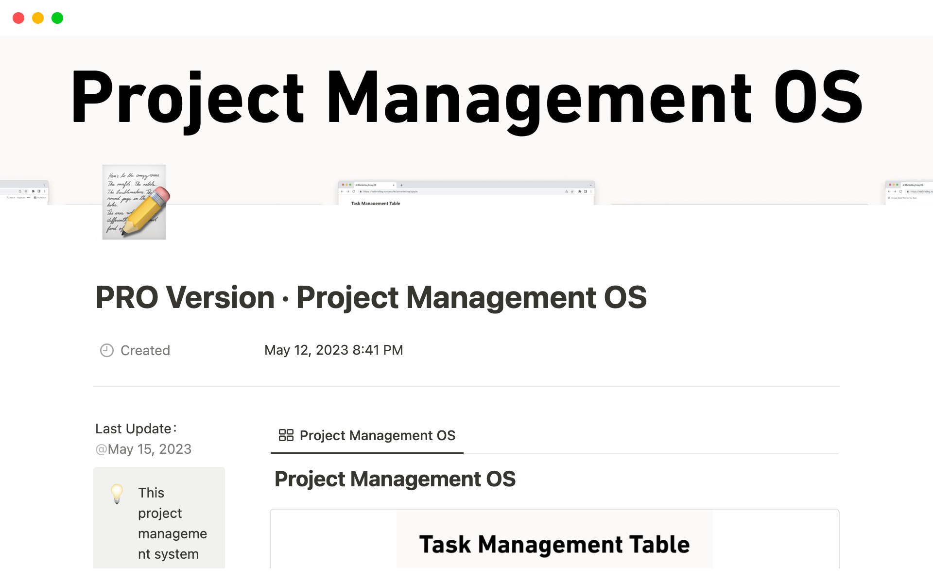 A template preview for Project Management OS