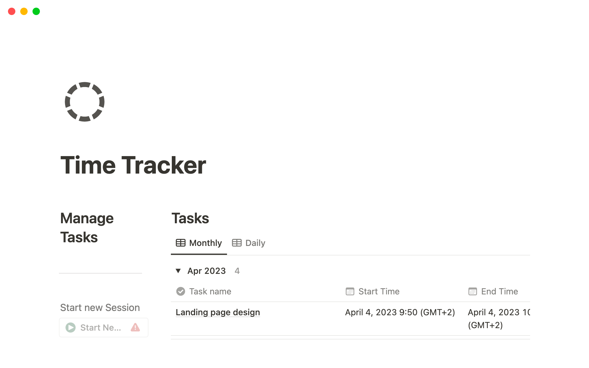 A screenshot of a time tracker built in Notion.