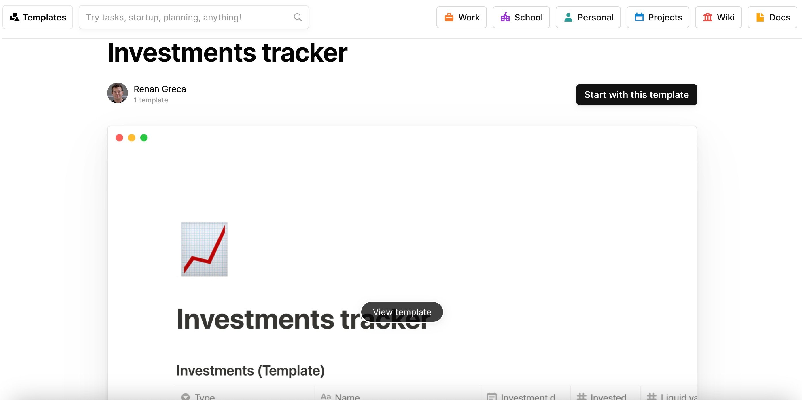 Investments tracker template