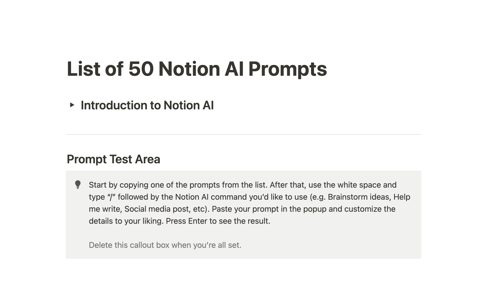 A screenshot of Notion AI’s writing prompts.