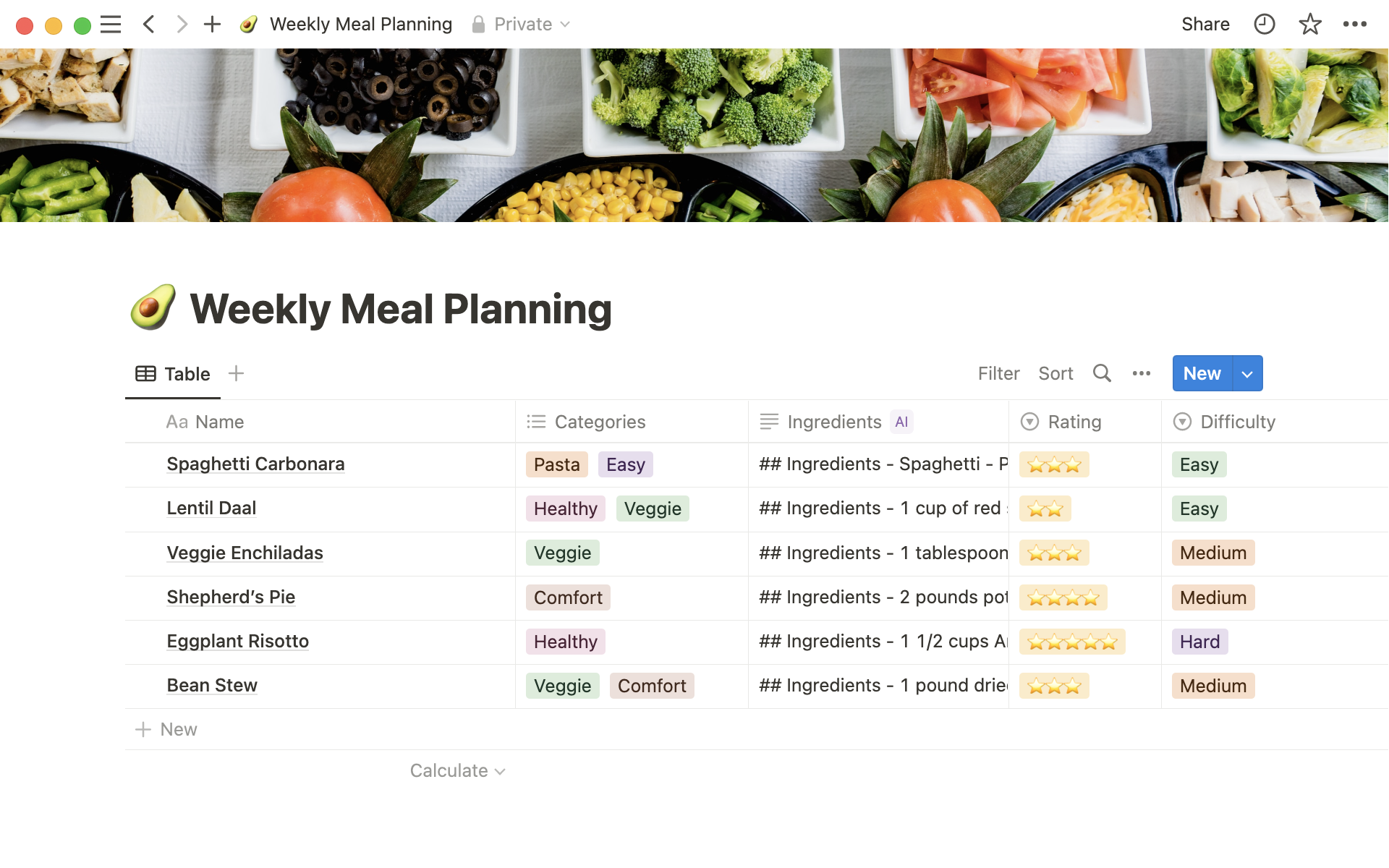 Plan your meals and save favorite recipes in a Notion database.