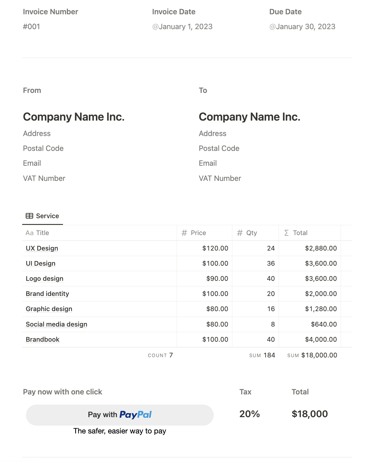 Notion invoice template