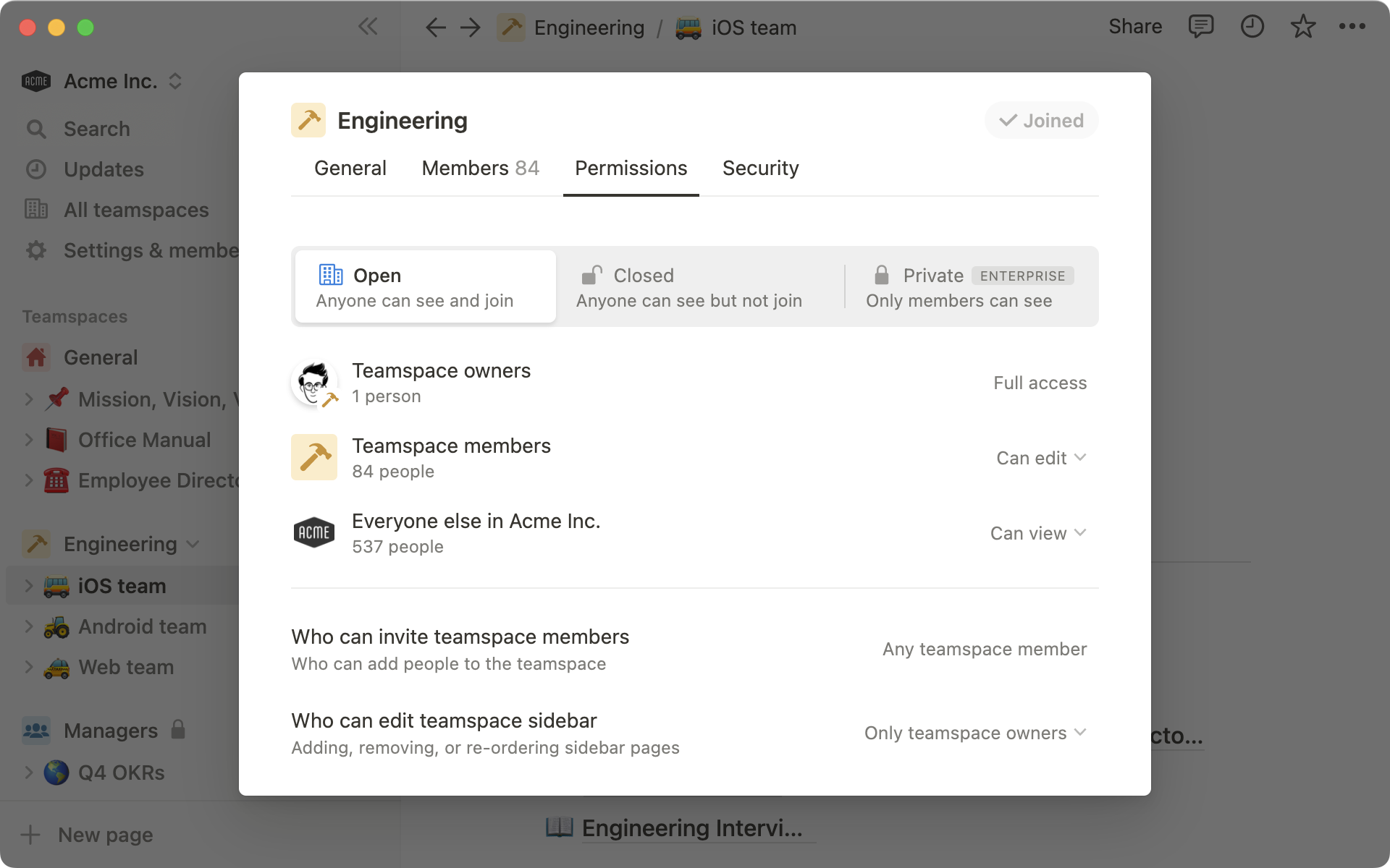 A screenshot of settings and permissions for a specific teamspace