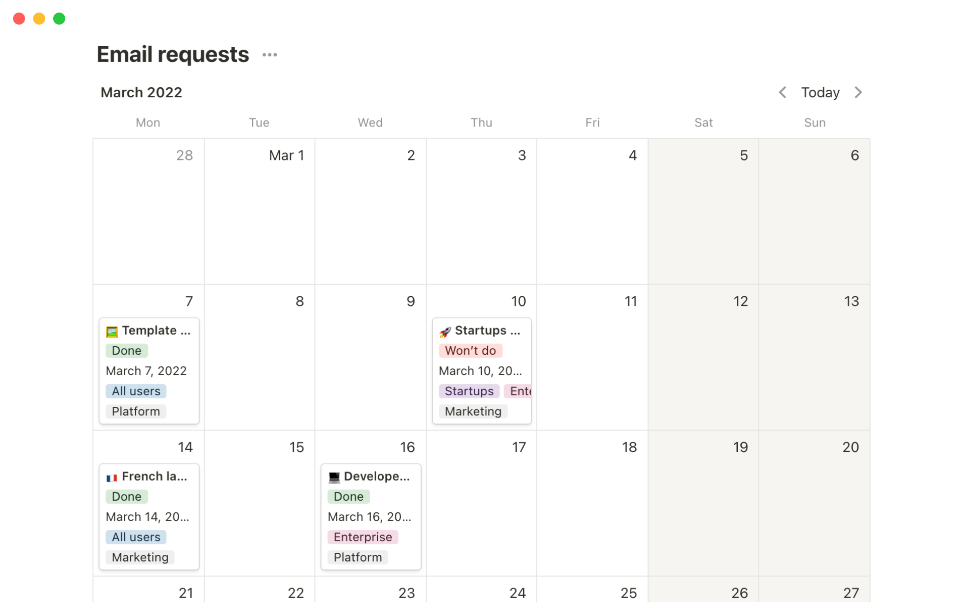 A screenshot of a email requests open in calendar view.