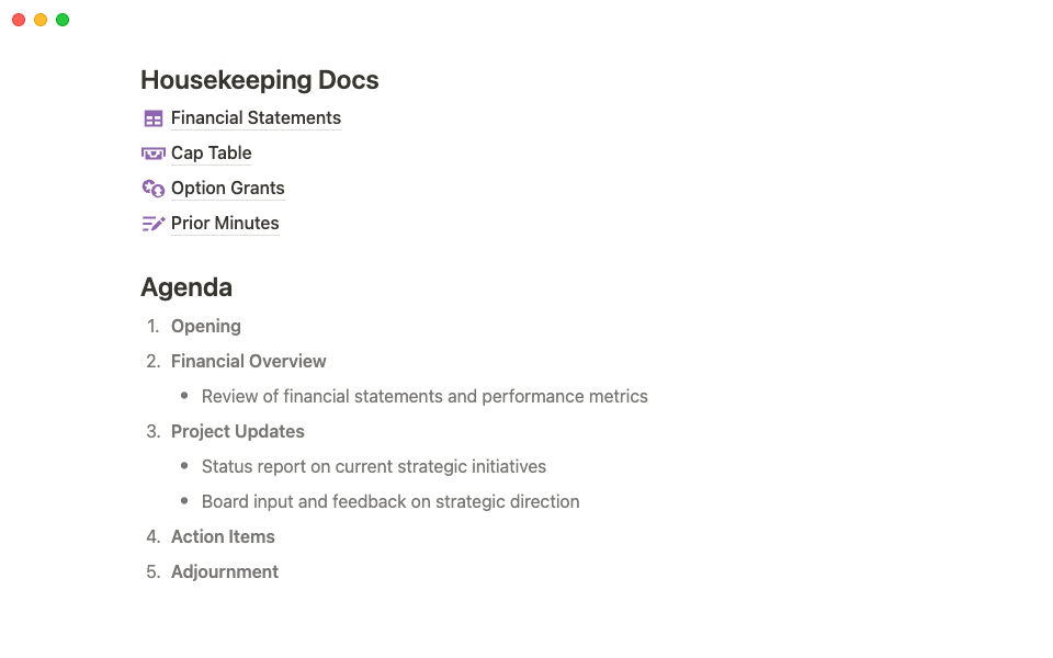 A section of Joe's template that organizes key docs and sets up an agenda for board meetings.