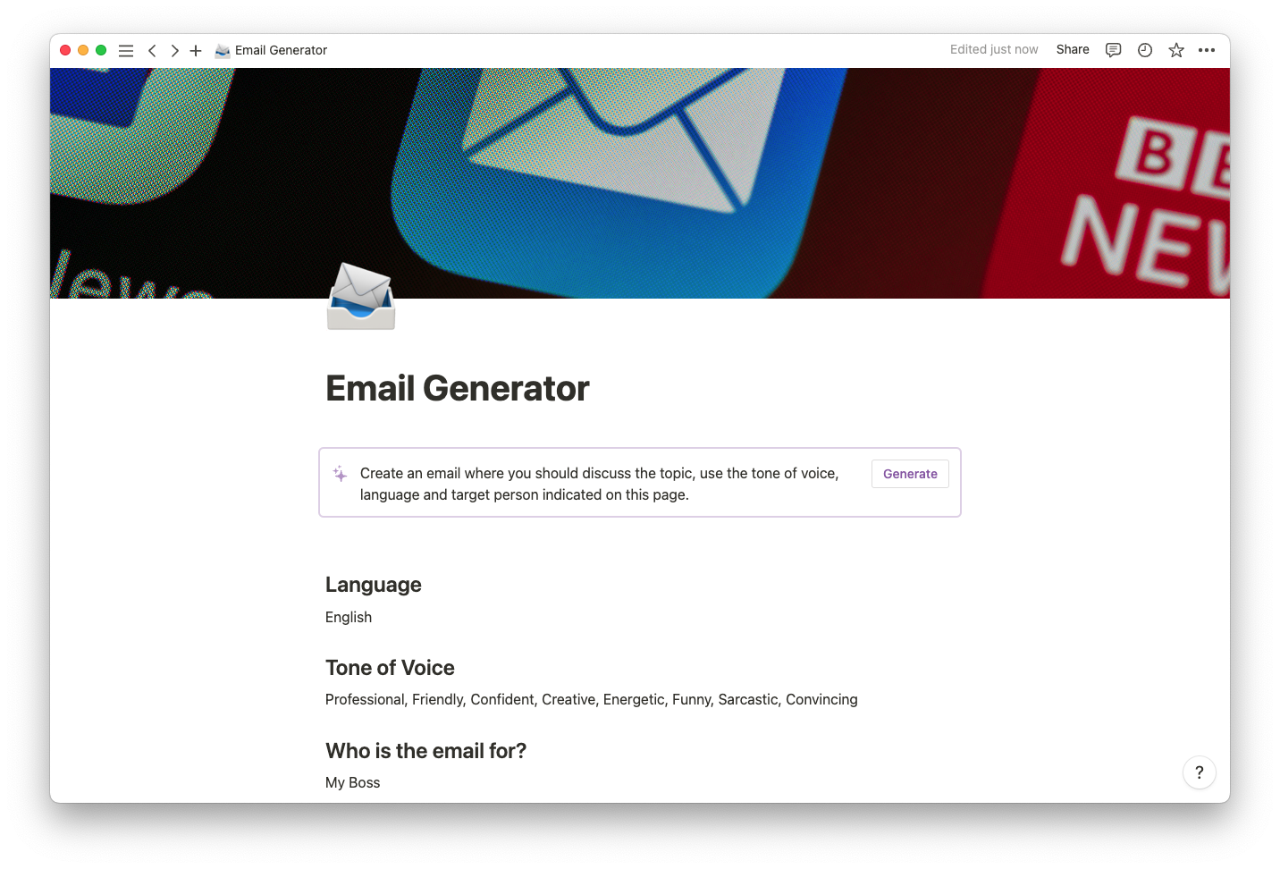Email generator template