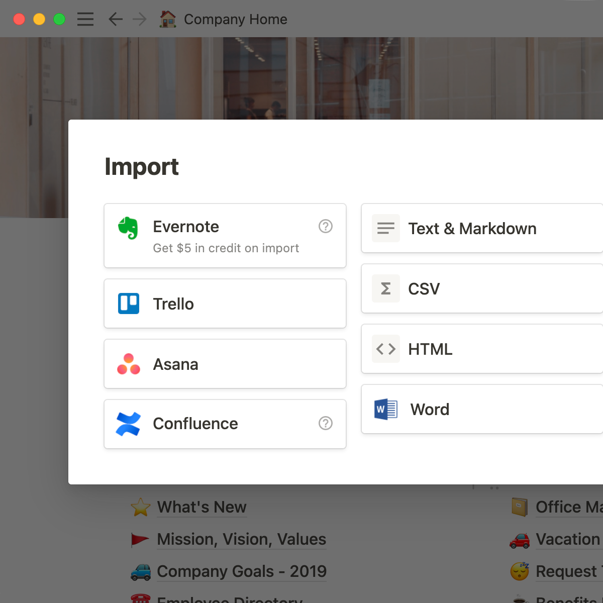 Desktop app import options