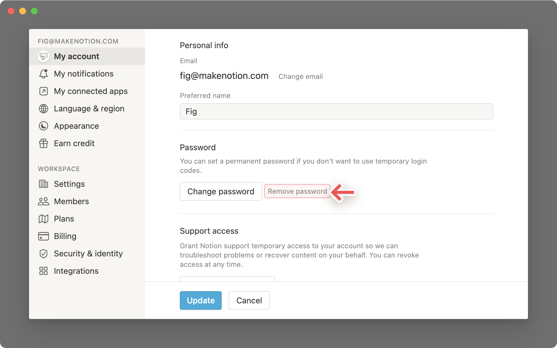 Account settings - remove password
