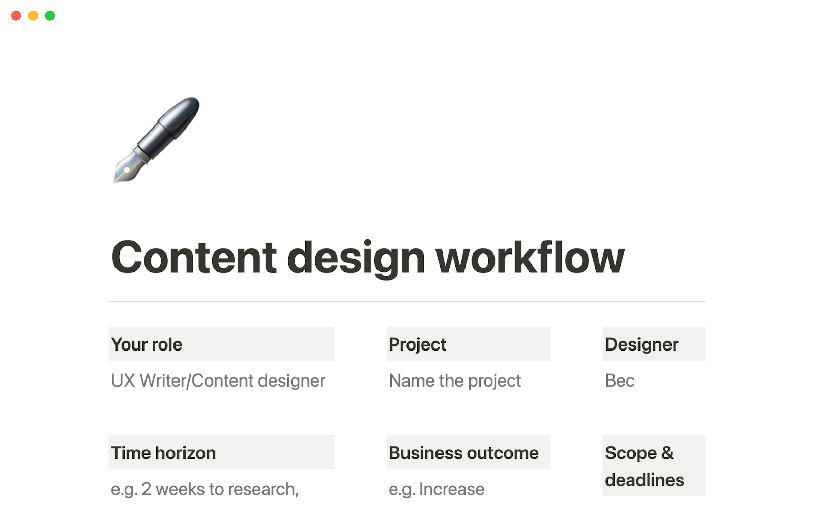 Content design workflow template
