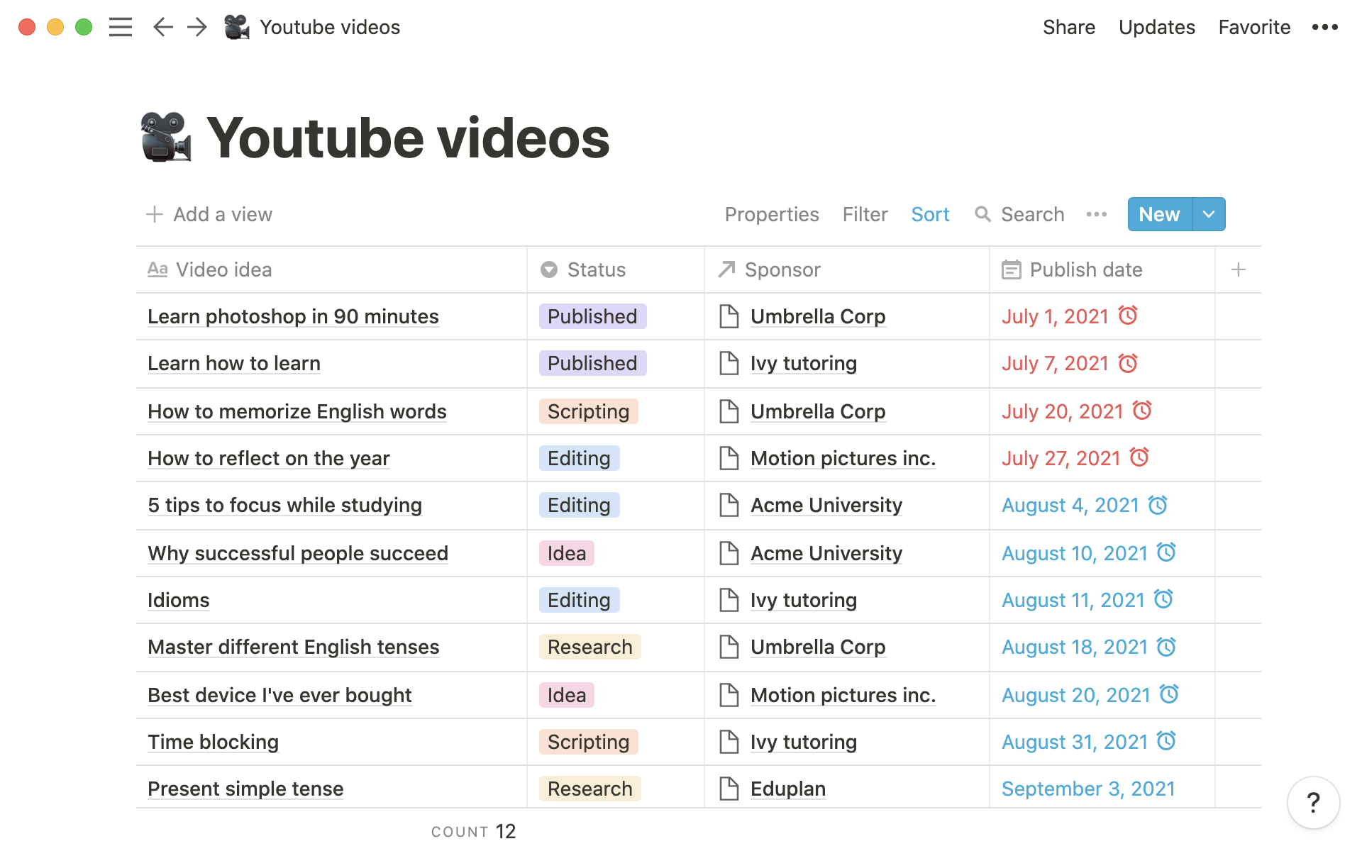 All video info — script, sponsor, status, deadline — is kept in the same database.