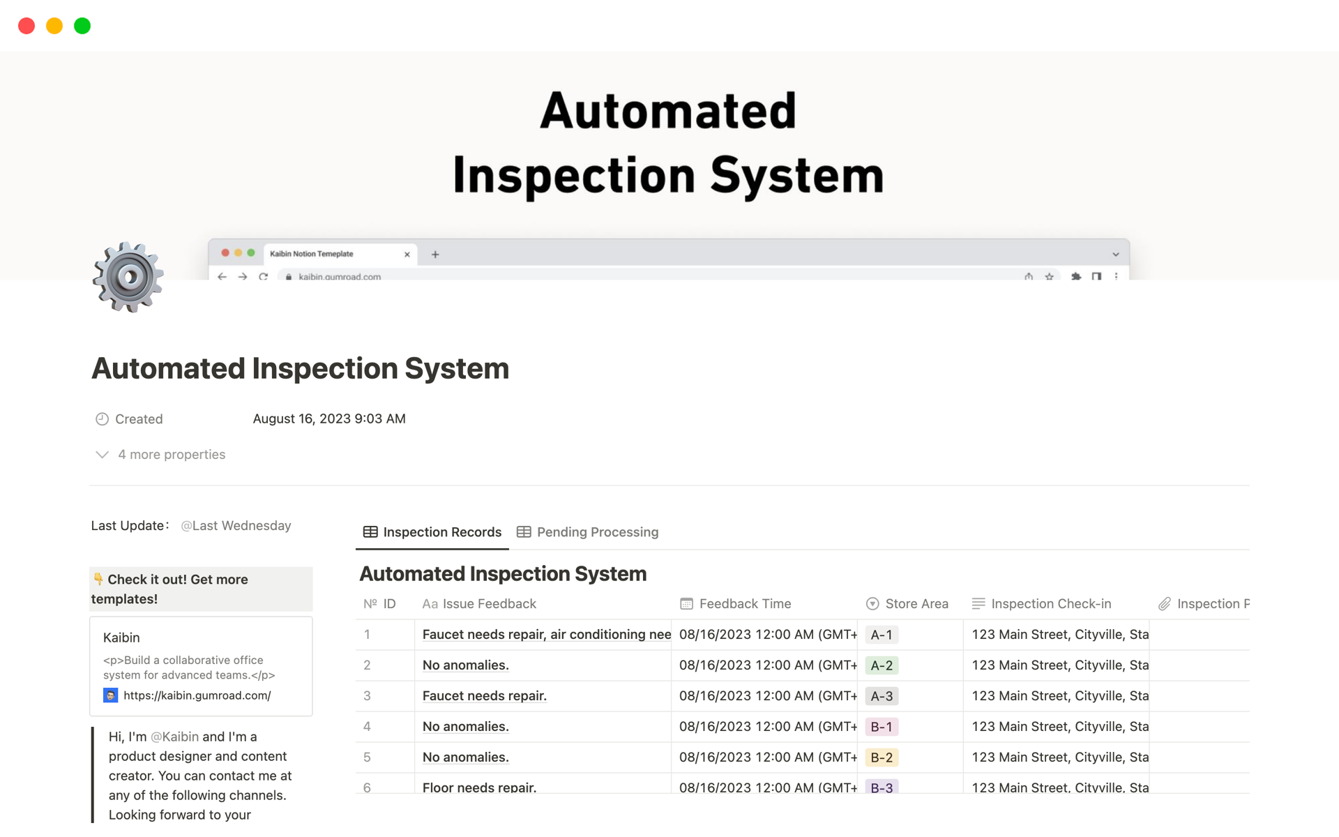 A template preview for Automated Inspection System